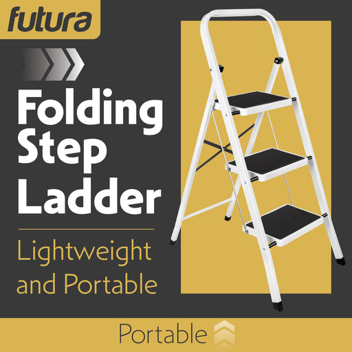 Futura Futura 3 Step Ladder White | Folding Step Stool Heavy Duty 150Kg Capacity