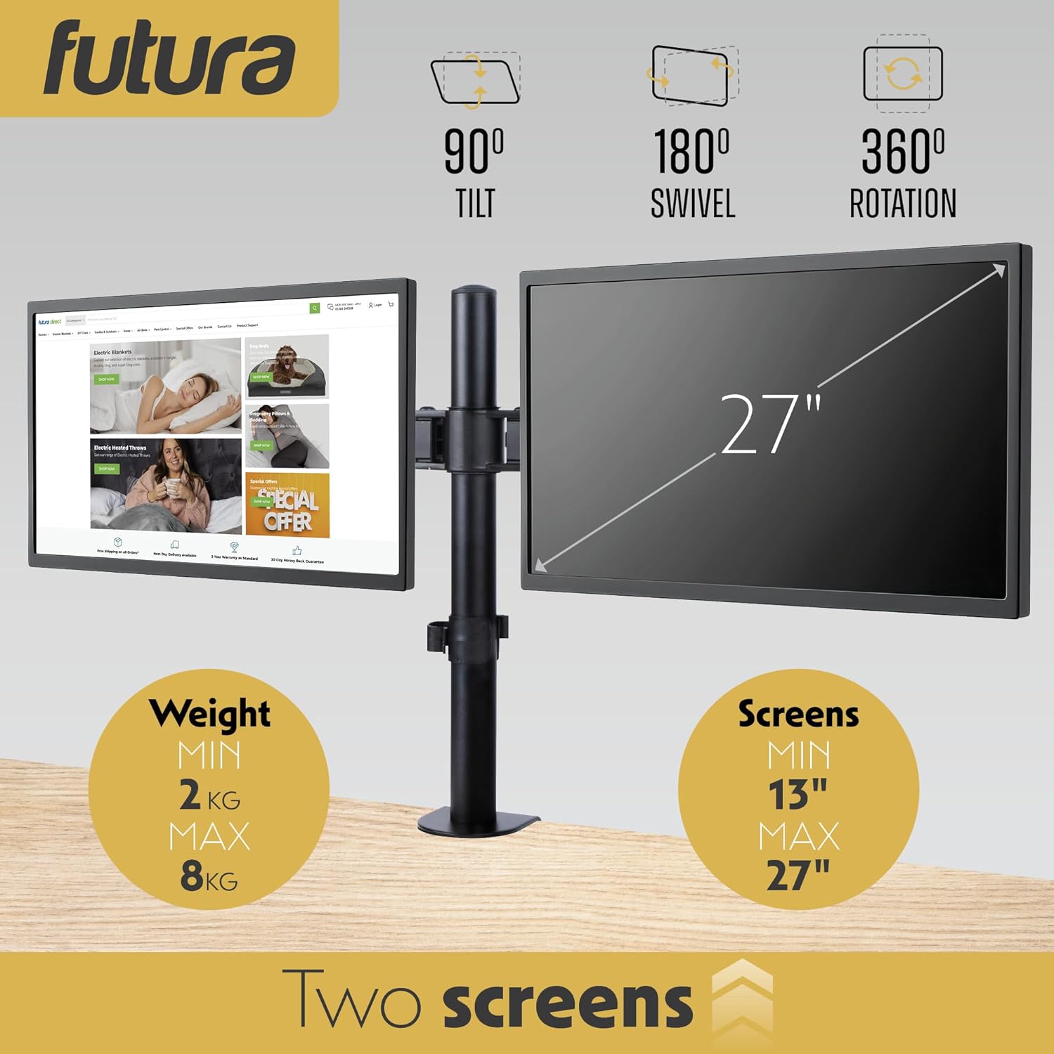 Futura Dual Monitor Stand 13–27” | Adjustable Computer 2 Desk Screens ...