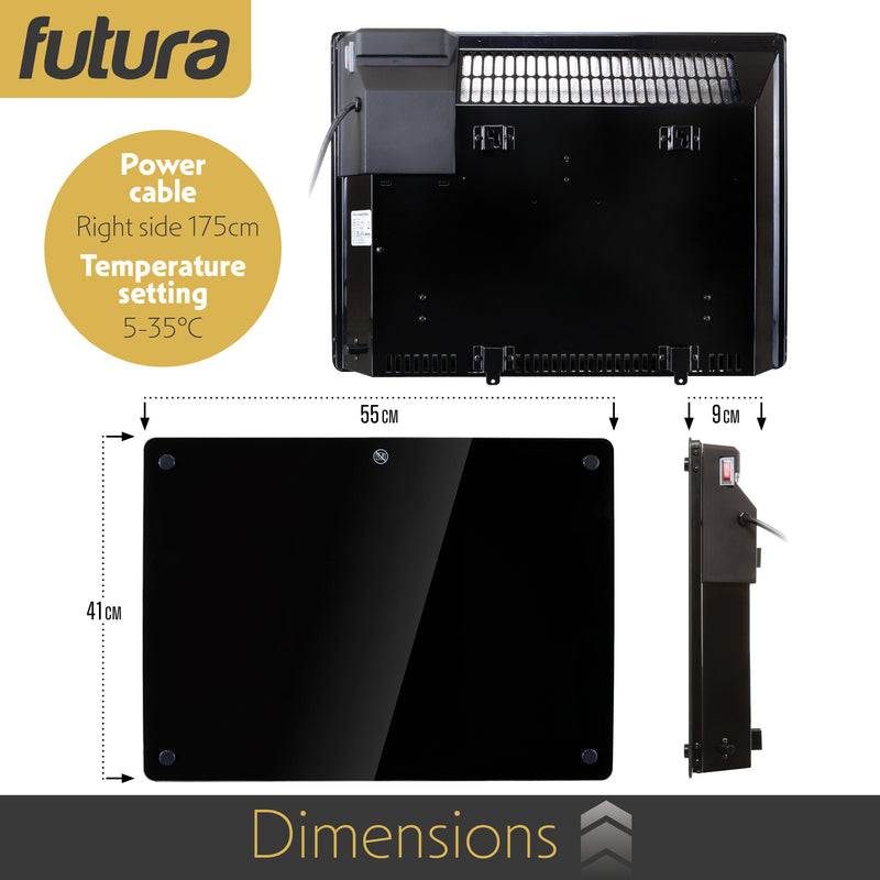 Futura Futura Electric Wall Panel Heater 1000W | Bathroom Safe Black Glass