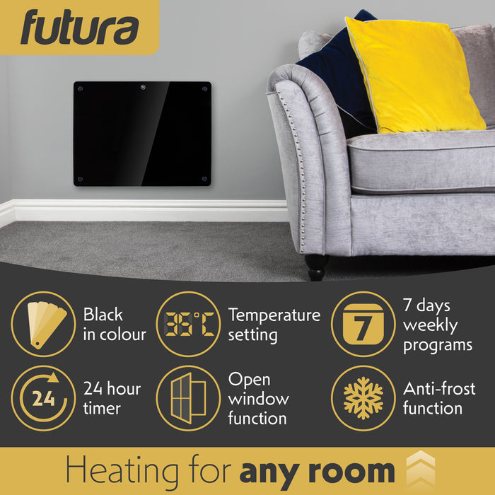 Futura Futura Electric Wall Panel Heater 1000W | Bathroom Safe Black Glass