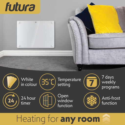 Futura Futura Electric Wall Panel Heater 1000W | Bathroom Safe White Glass