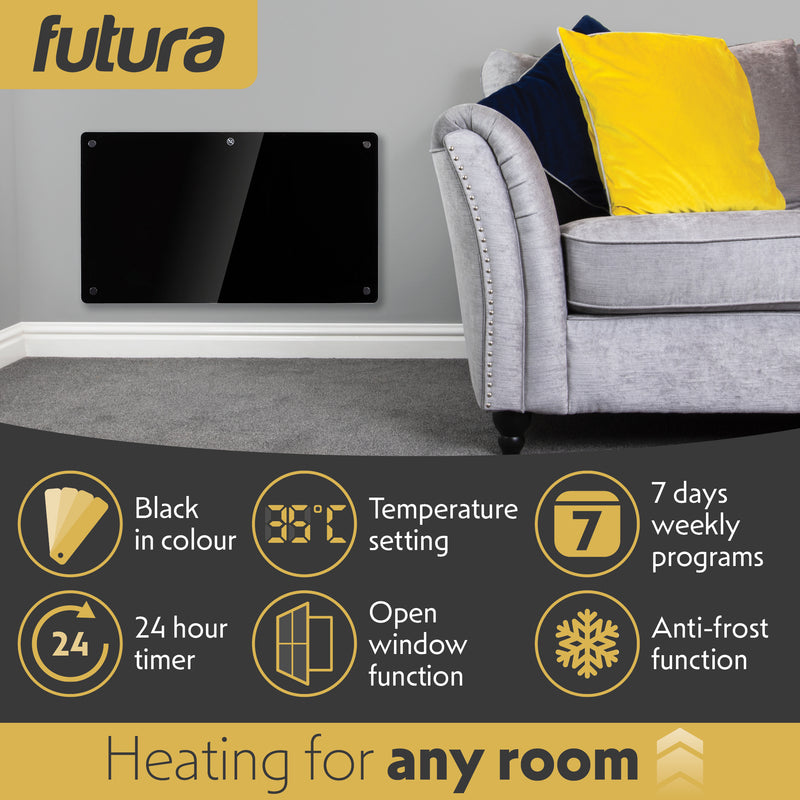 Futura Futura Electric Wall Panel Heater 1500W | Bathroom Safe Black Glass