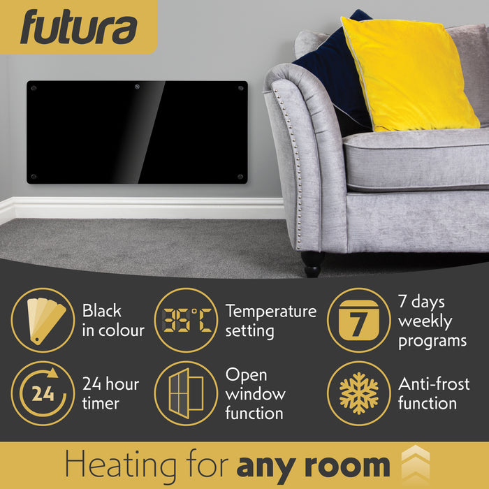 Futura Futura Electric Wall Panel Heater 2000W | Bathroom Safe Black Glass