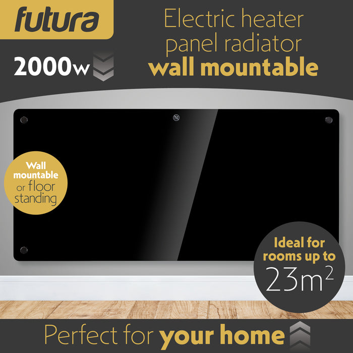 Futura Futura Electric Wall Panel Heater 2000W | Bathroom Safe Black Glass