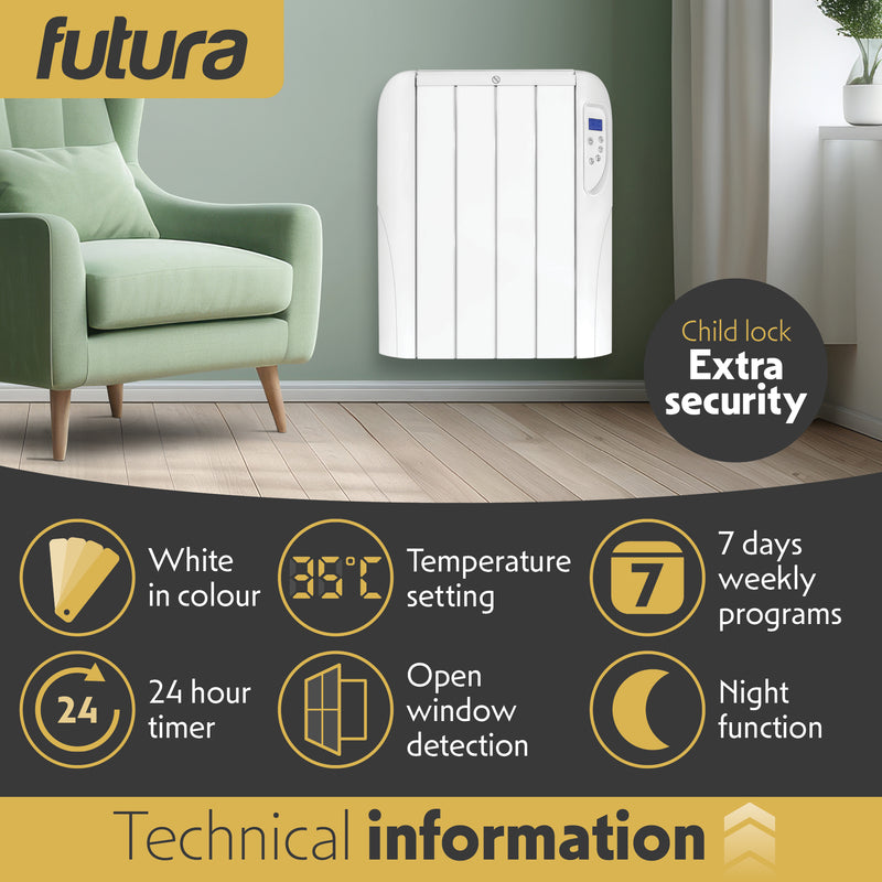 Futura Futura Wall Mounted Electric Heater | 1000W Bathroom Safe Panel Heater