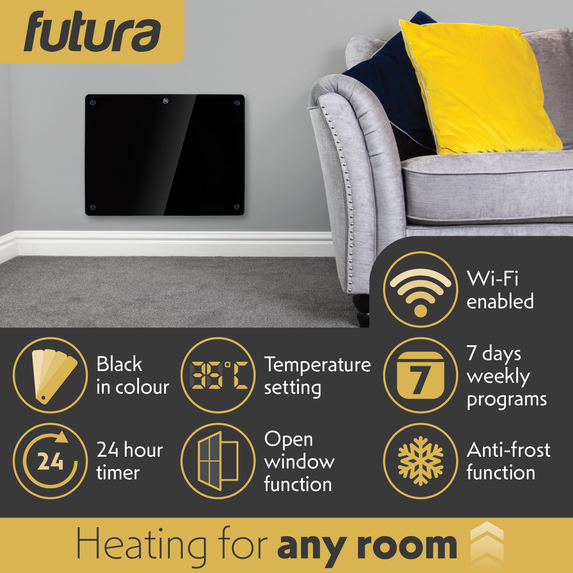 Futura WIFI Electric Wall Panel Heater 1000W | Bathroom Safe Black Gla ...