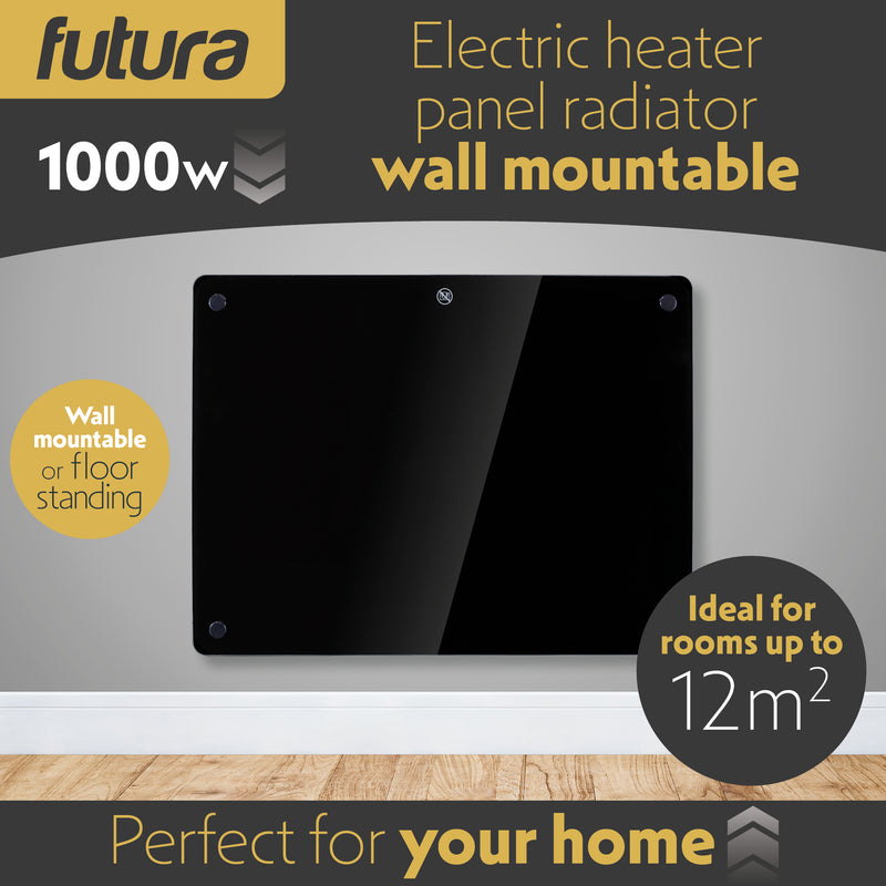 Futura Futura WIFI Electric Wall Panel Heater 1000W | Bathroom Safe Black Glass