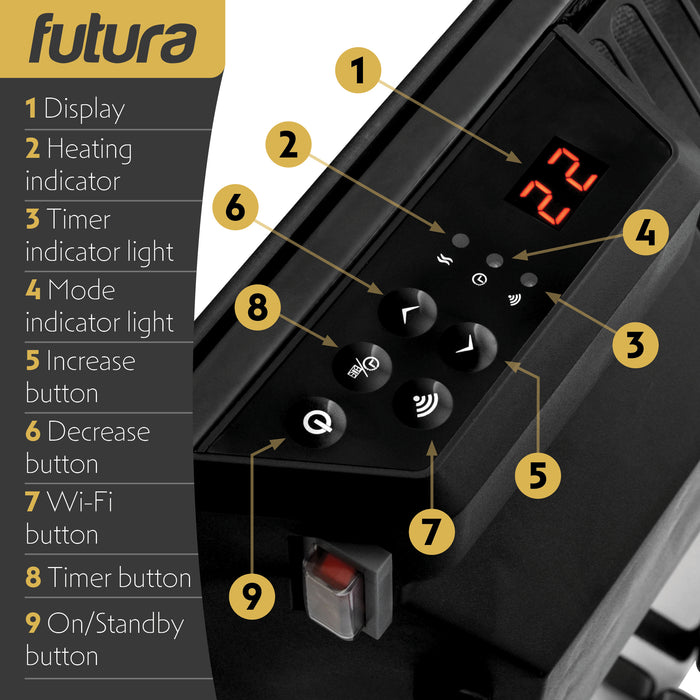 Futura Futura WIFI Electric Wall Panel Heater 2000W | Bathroom Safe Black Glass
