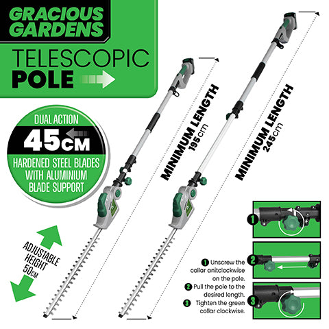 Gracious Gardens Gracious Gardens 2.4m Long Reach Hedge Trimmer | 18V Cordless Extendable Pole Cutter