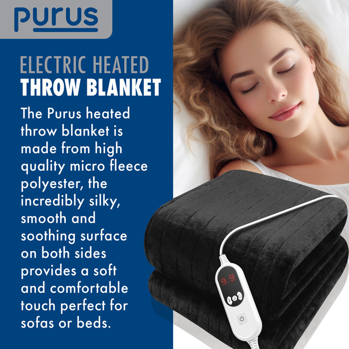 Purus Purus Black Electric Heated Blanket | Soft Fleece Throw with Timer