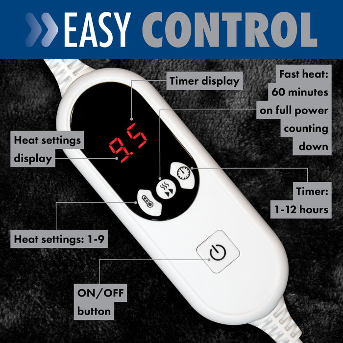 Purus Purus Black Electric Heated Blanket | Soft Fleece Throw with Timer