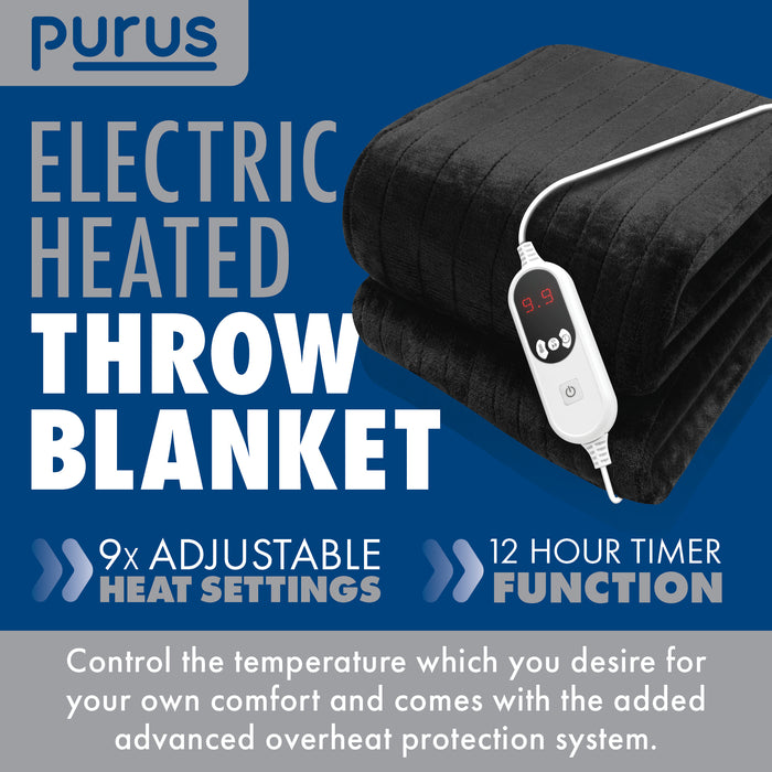 Purus Purus Black Electric Heated Blanket | Soft Fleece Throw with Timer