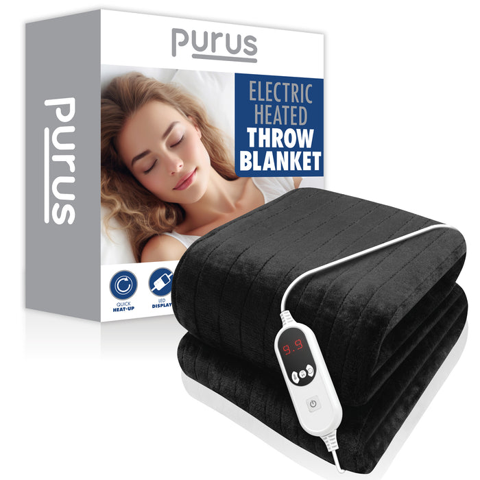 Purus Purus Black Electric Heated Blanket | Soft Fleece Throw with Timer