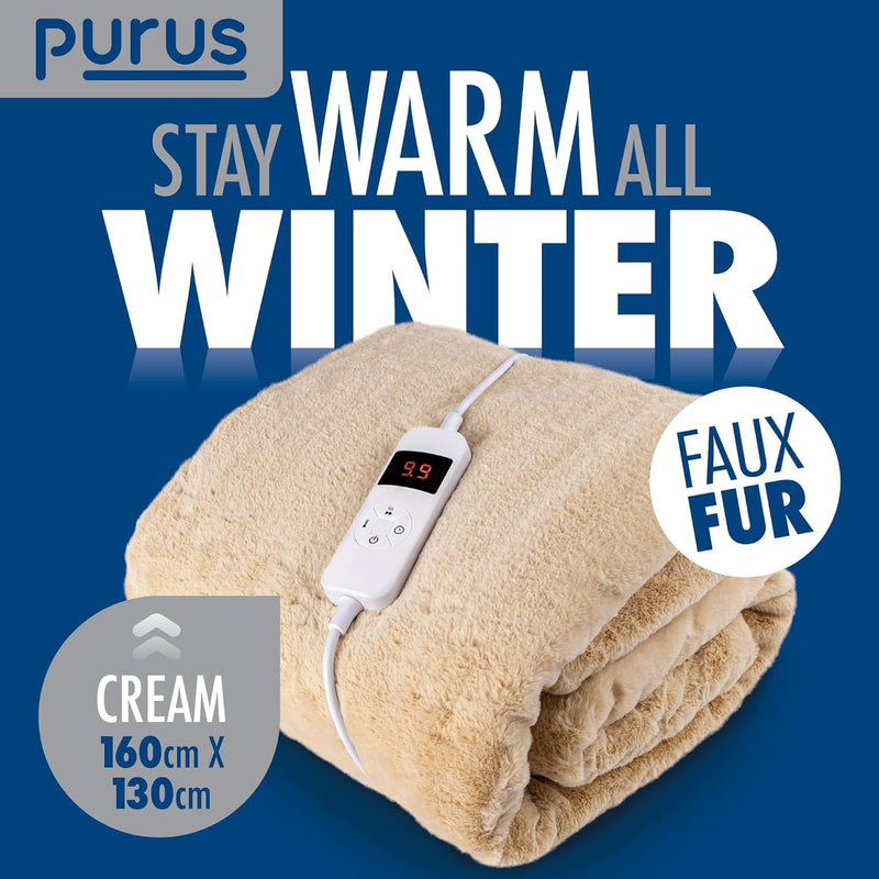 Purus Purus Cream Electric Heated Blanket | Deluxe Faux Fur Throw with Timer