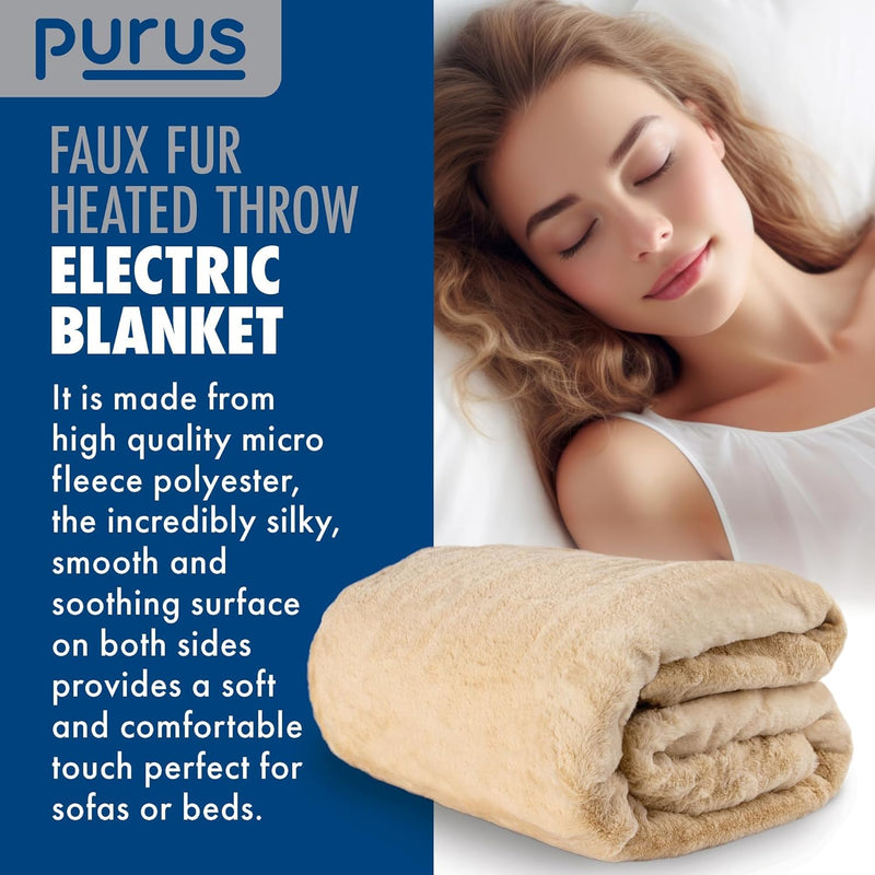 Purus Purus Cream Electric Heated Blanket | Deluxe Faux Fur Throw with Timer