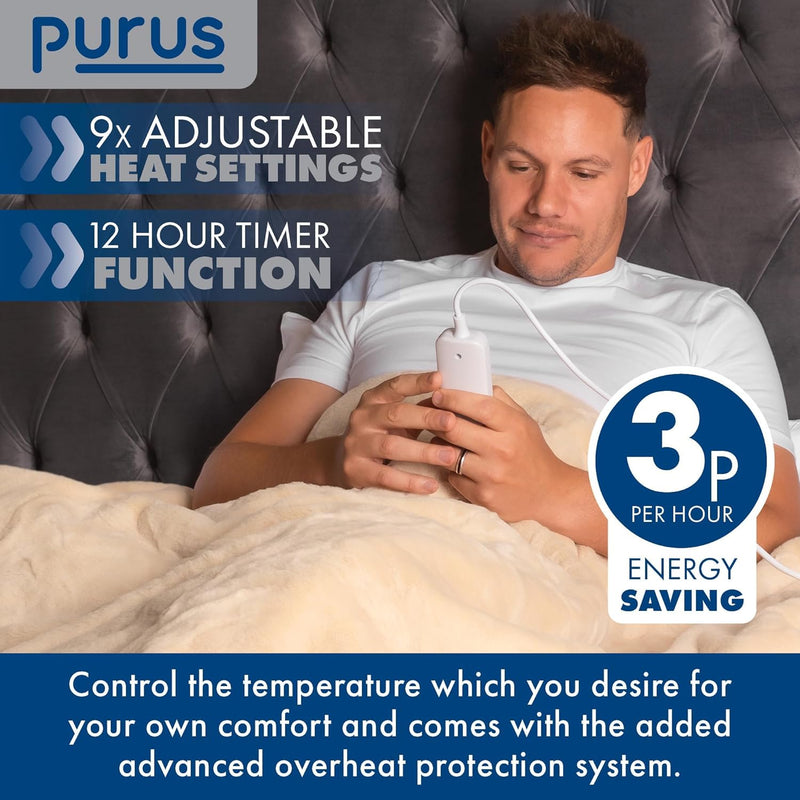 Purus Purus Cream Electric Heated Blanket | Deluxe Faux Fur Throw with Timer