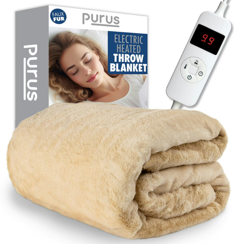 Purus Purus Cream Faux Fur Heated Throw Electric Blanket 160x130cm 9 Heat