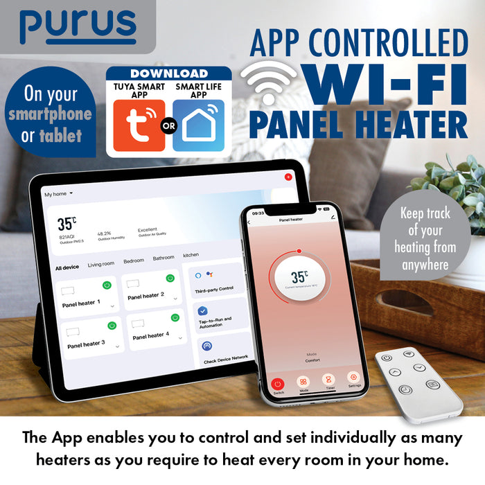 Purus Purus Eco 1200W WIFI Electric Radiator Panel Room Heater Wall Mounted