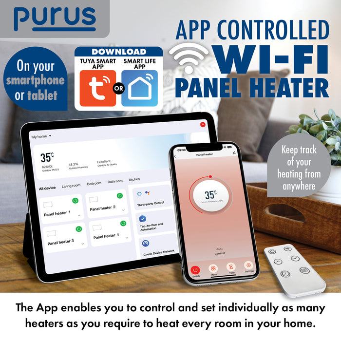 Purus Purus Eco 1500W WIFI Electric Radiator Panel Room Heater Wall Mounted