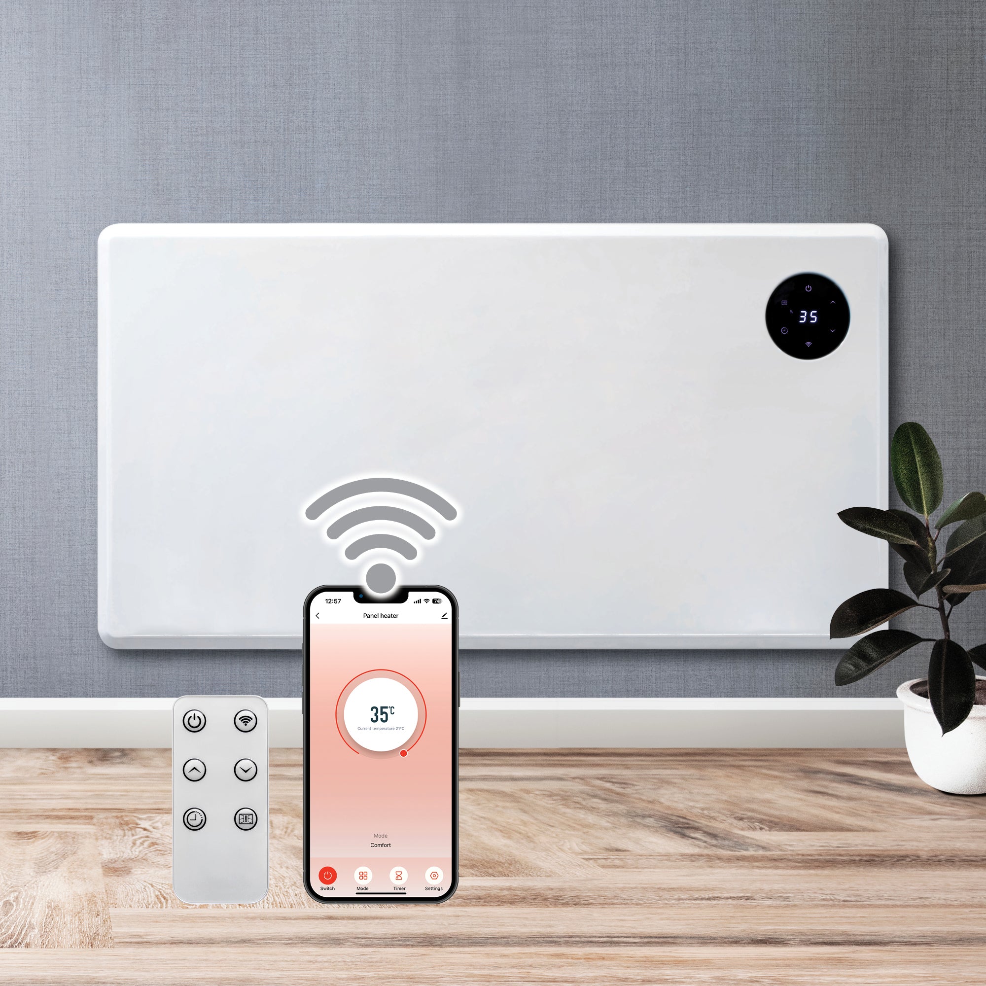 Electric Radiator Wall Switch Purus WIFI Electric Wall Panel Heater 1500W | Bathroom Safe White Radi ...