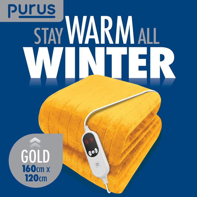 Purus Purus Gold Electric Heated Blanket | Soft Fleece Throw with Timer