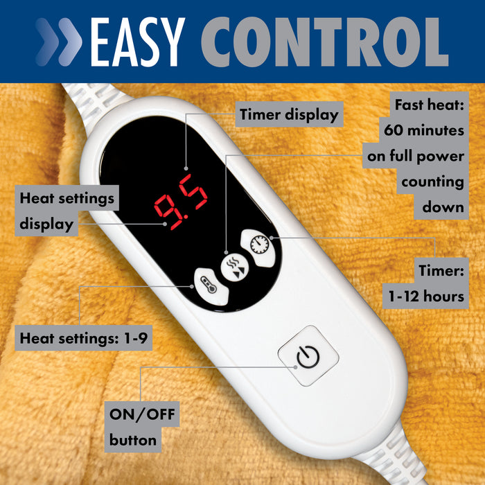 Purus Purus Gold Electric Heated Blanket | Soft Fleece Throw with Timer