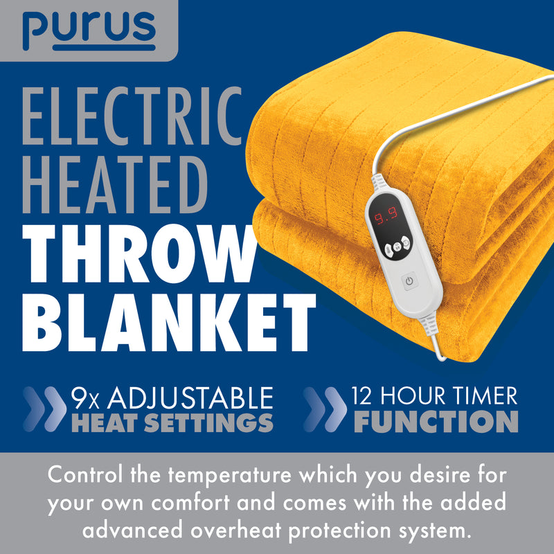 Purus Purus Gold Electric Heated Blanket | Soft Fleece Throw with Timer