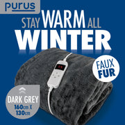 Purus Purus Grey Electric Heated Blanket | Deluxe Faux Fur Throw with Timer