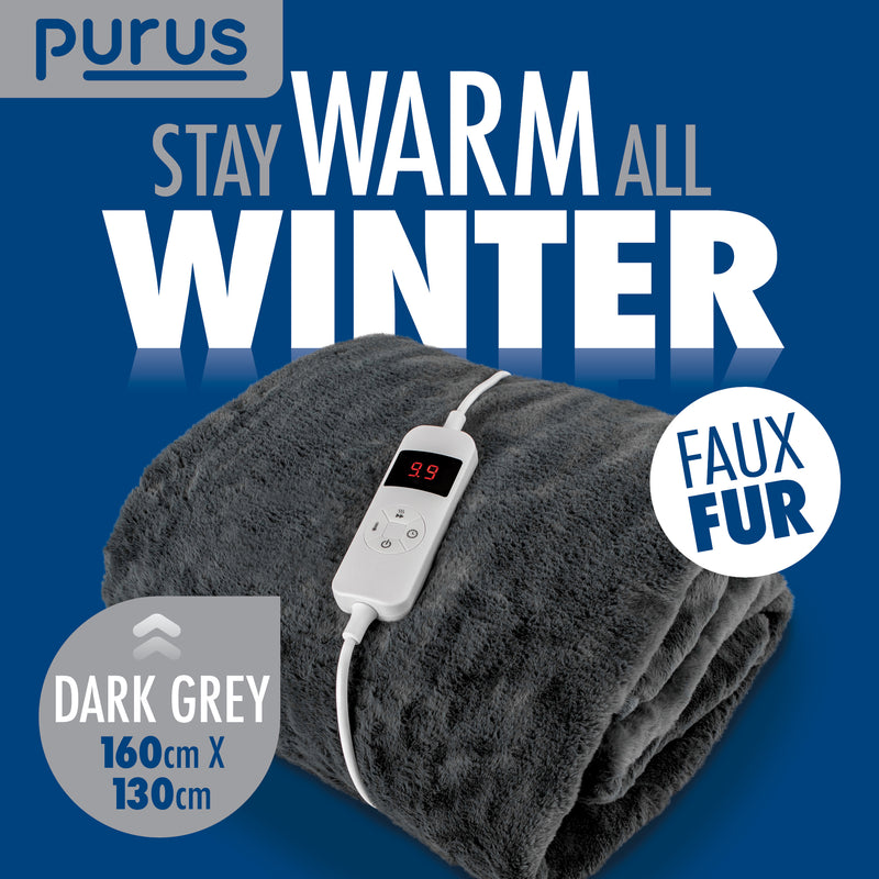 Purus Purus Grey Electric Heated Blanket | Deluxe Faux Fur Throw with Timer