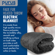 Purus Purus Grey Electric Heated Blanket | Deluxe Faux Fur Throw with Timer