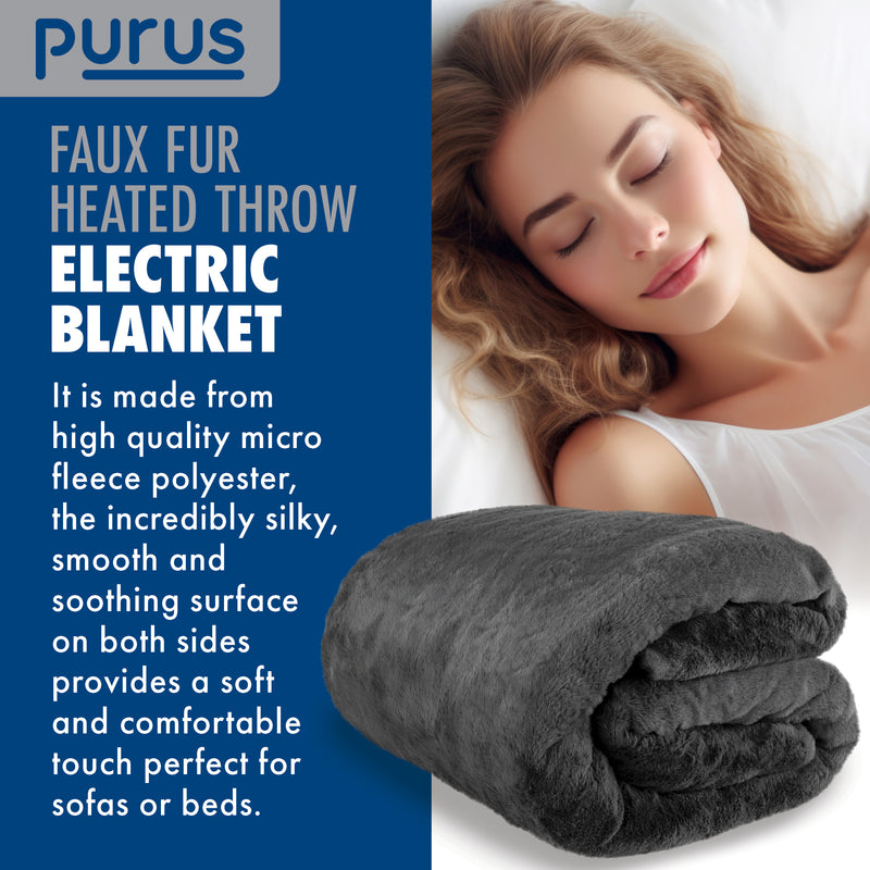 Purus Purus Grey Electric Heated Blanket | Deluxe Faux Fur Throw with Timer
