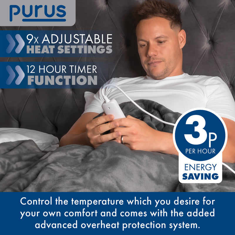 Purus Purus Grey Electric Heated Blanket | Deluxe Faux Fur Throw with Timer