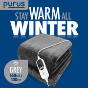 Purus Purus Grey Electric Heated Blanket | Soft Fleece Throw with Timer