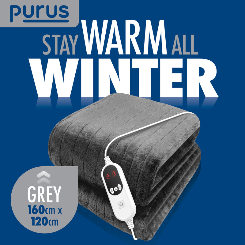 Purus Purus Grey Electric Heated Blanket | Soft Fleece Throw with Timer