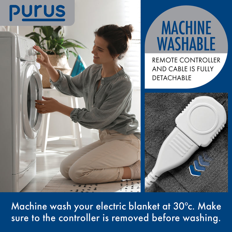 Purus Purus Grey Electric Heated Blanket | Soft Fleece Throw with Timer