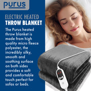 Purus Purus Grey Electric Heated Blanket | Soft Fleece Throw with Timer