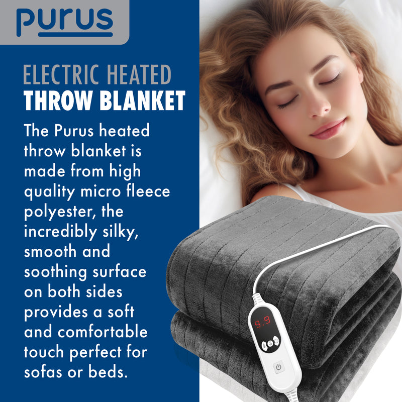 Purus Purus Grey Electric Heated Blanket | Soft Fleece Throw with Timer