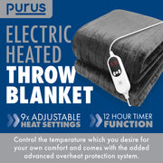 Purus Purus Grey Electric Heated Blanket | Soft Fleece Throw with Timer