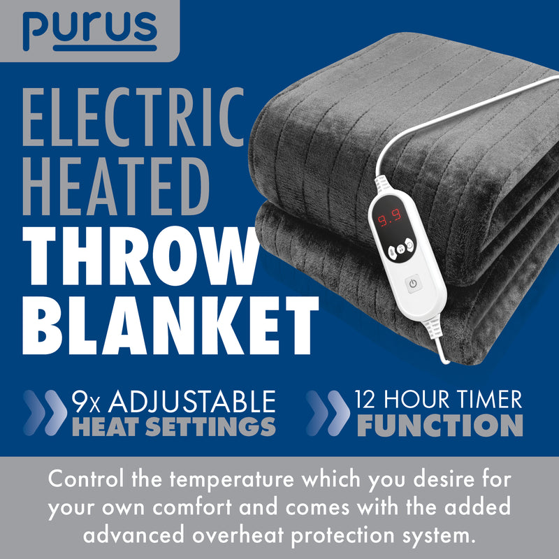 Purus Purus Grey Electric Heated Blanket | Soft Fleece Throw with Timer