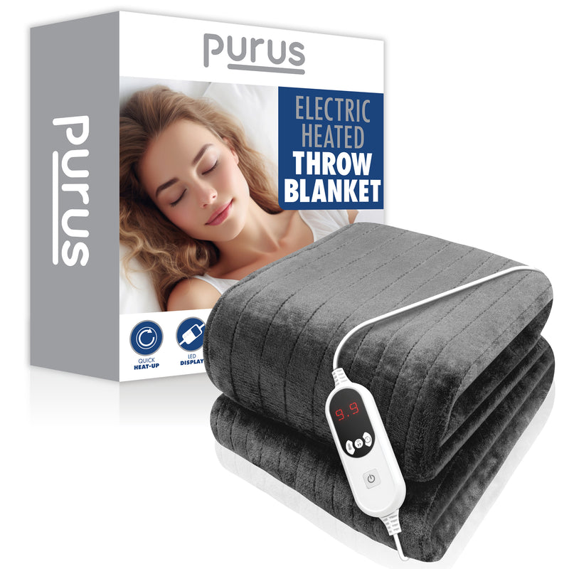 Purus Purus Grey Electric Heated Blanket | Soft Fleece Throw with Timer