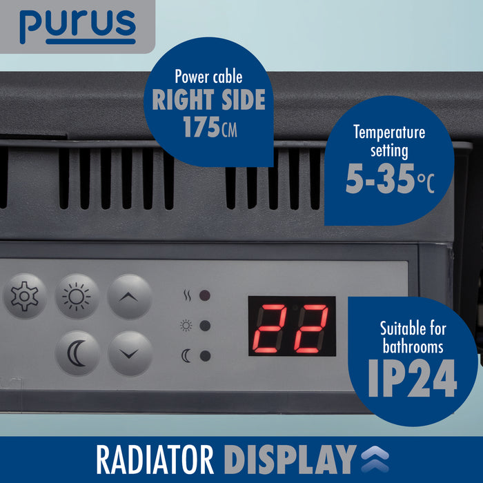 Purus Purus Grey Electric Radiator Heater 1200W | Wall Mounted Or Floor Standing