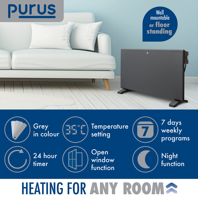 Purus Purus Grey Electric Radiator Heater 1200W | Wall Mounted Or Floor Standing