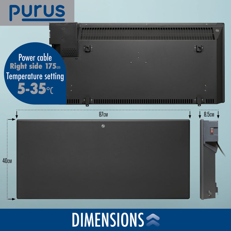 Purus Purus Grey Electric Radiator Heater 1800W | Wall Mounted Or Floor Standing