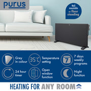 Purus Purus Grey Electric Radiator Heater 1800W | Wall Mounted Or Floor Standing