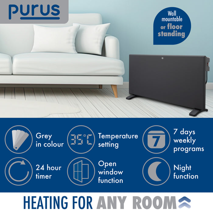 Purus Purus Grey Electric Radiator Heater 1800W | Wall Mounted Or Floor Standing