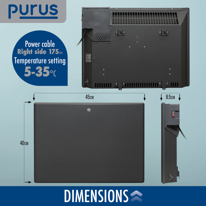 Purus Purus Grey Electric Radiator Heater 600W | Wall Mounted Or Floor Standing