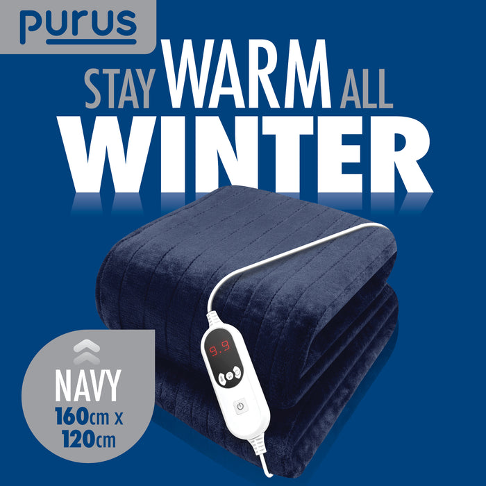 Purus Purus Navy Blue Electric Heated Blanket | Soft Fleece Throw with Timer