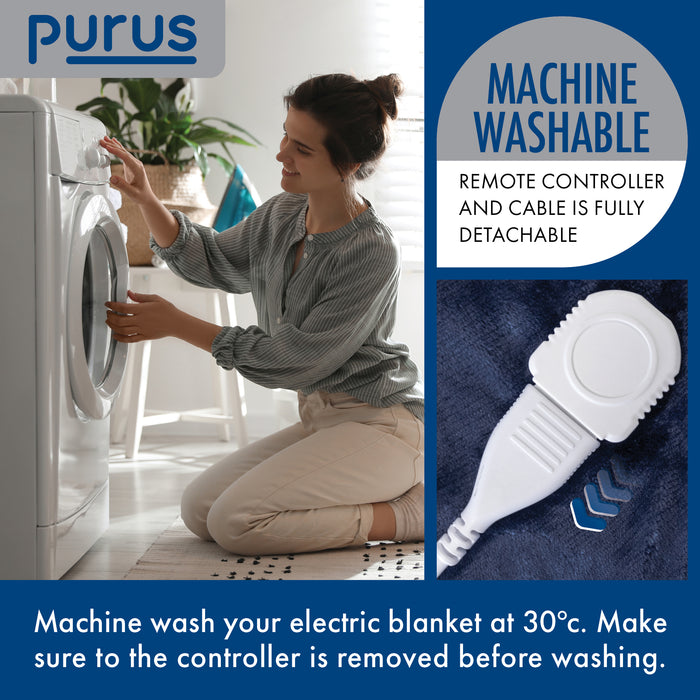 Purus Purus Navy Blue Electric Heated Blanket | Soft Fleece Throw with Timer