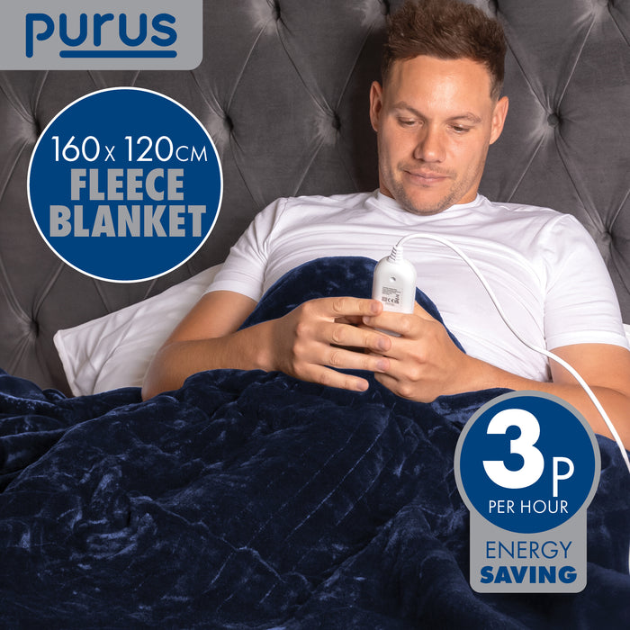 Purus Purus Navy Blue Electric Heated Blanket | Soft Fleece Throw with Timer