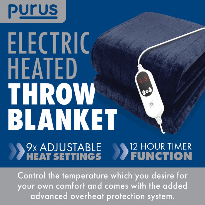 Purus Purus Navy Blue Electric Heated Blanket | Soft Fleece Throw with Timer